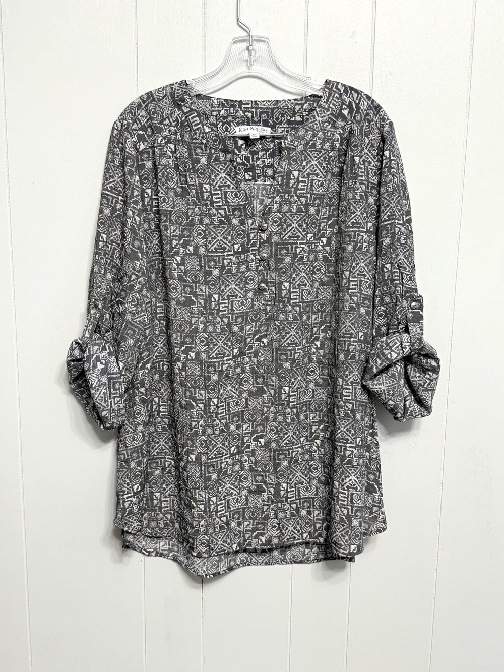 #13)  Black Patterned Roll-Sleeve Women's Top